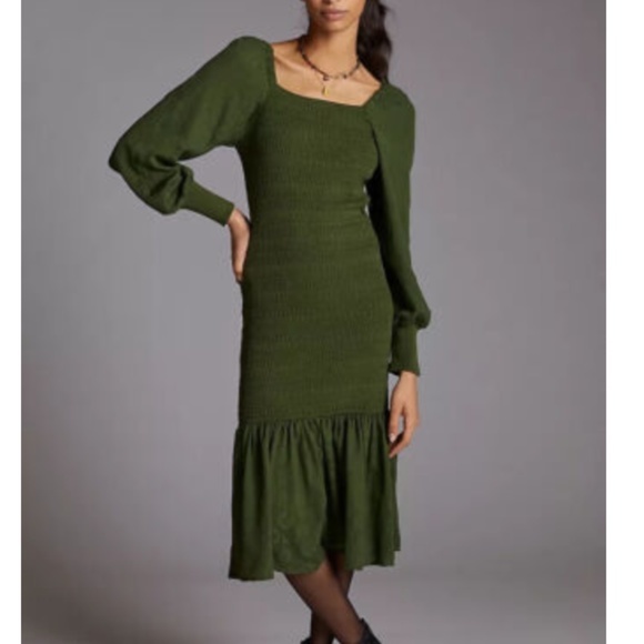 NWT Anthropologie Moss Green Smocked Puff-sleeved Midi Dress Sz XL - Picture 1 of 10
